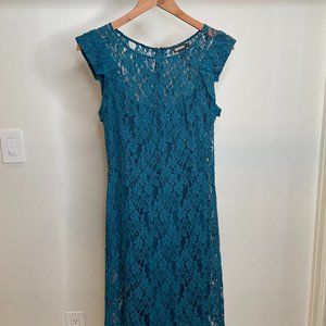 DKNY Floral Lace Ruffle Hem Cap Sleeve Crew Neck Sheath Dress